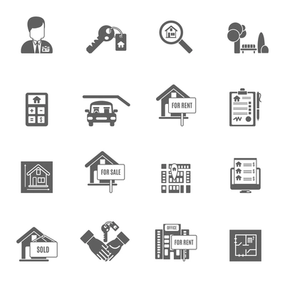 Real estate apartment sale and rent black icons set isolated vector illustration