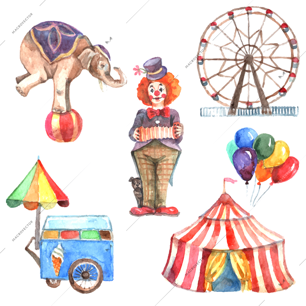 Watercolor circus decorative icons set with elephant clown and ferris wheel isolated vector illustration