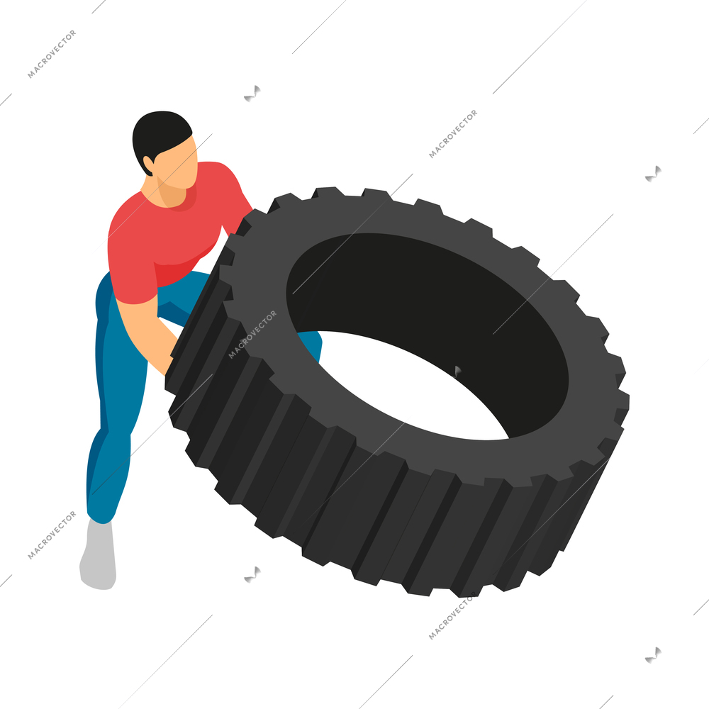 Isometric gym equipment workout composition with male human character doing sports vector illustration