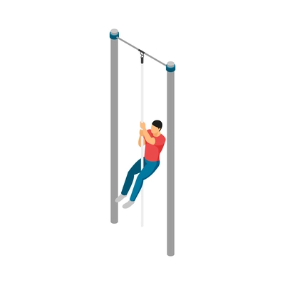 Isometric gym equipment workout composition with male human character doing sports vector illustration