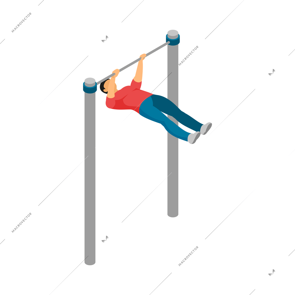 Isometric gym equipment workout composition with male human character doing sports vector illustration