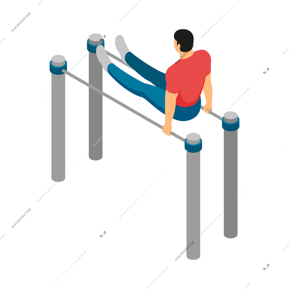 Isometric gym equipment workout composition with male human character doing sports vector illustration