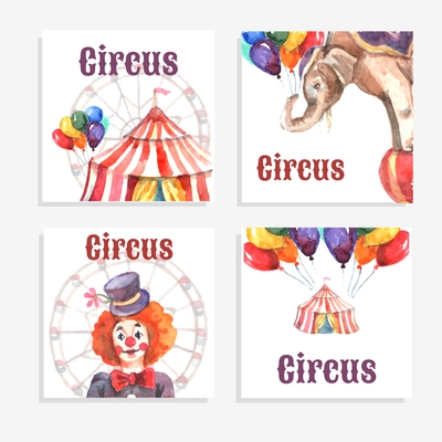 Circus card set with watercolor animals balloons and clown isolated vector illustration