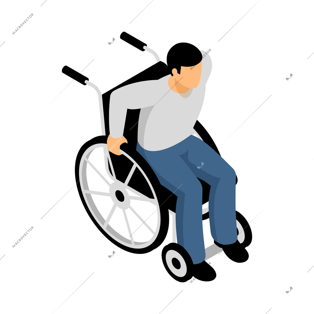 Isometric disable people composition with isolated human character of needy person on blank background vector illustration