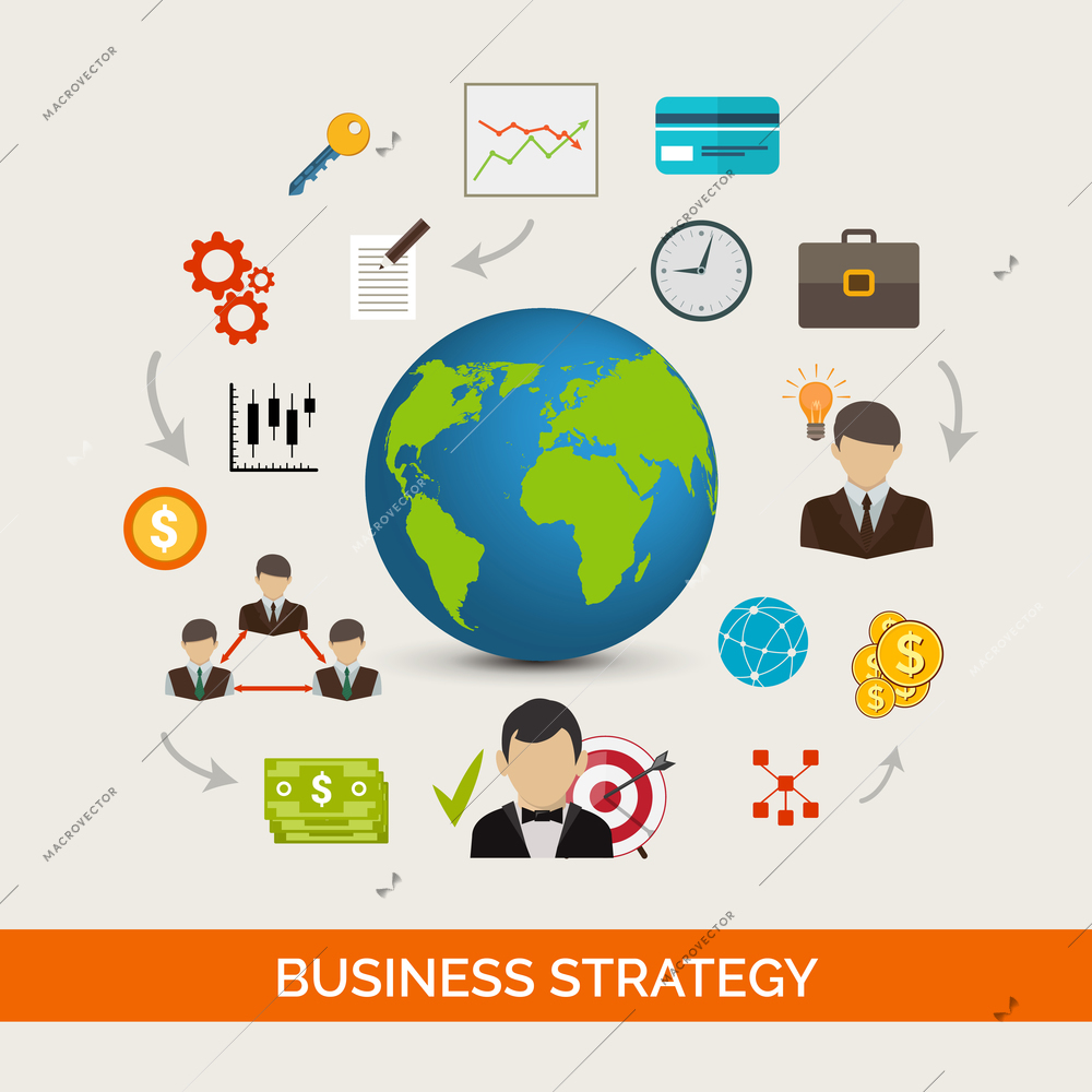 Business strategy concept with teamwork leadership and management icons set vector illustration