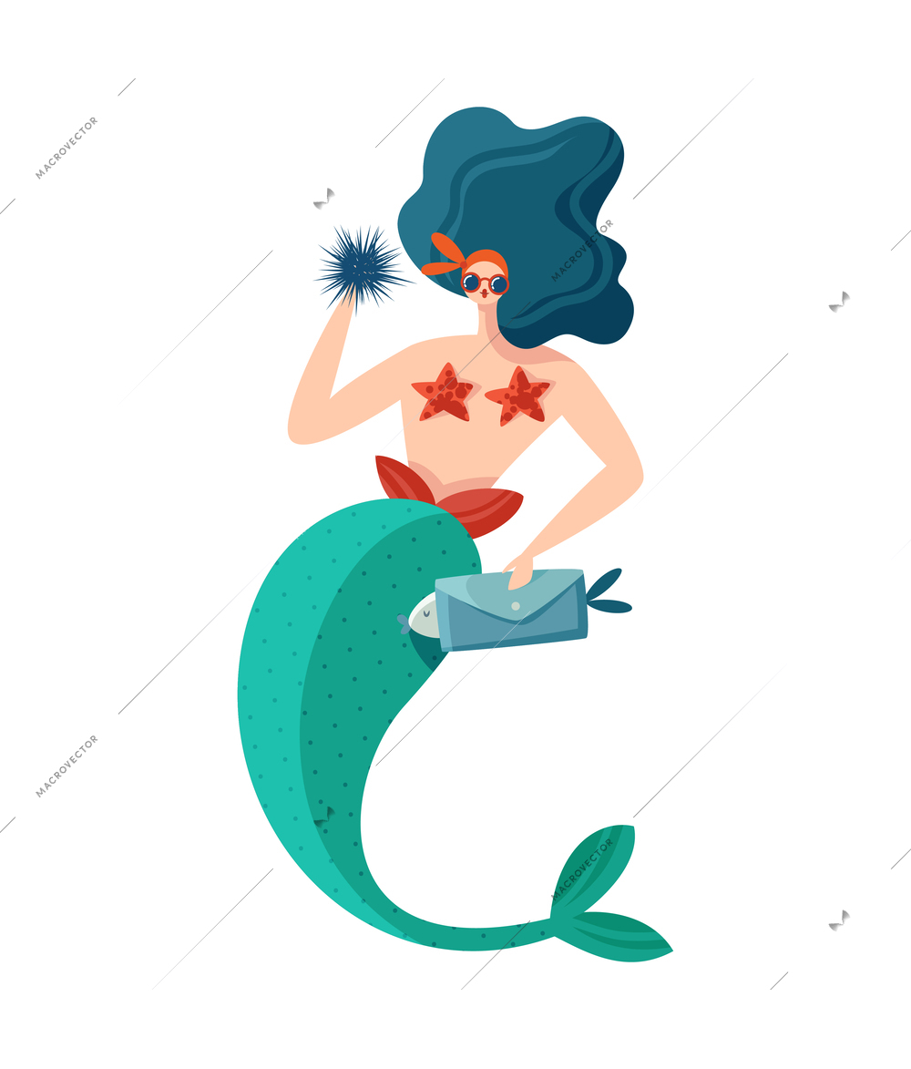 Mermaids character composition with isolated doodle style funny marine fairy character vector illustration