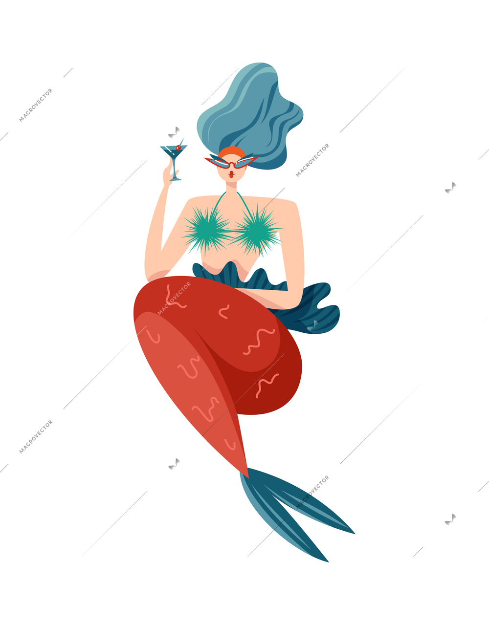 Mermaids character composition with isolated doodle style funny marine fairy character vector illustration