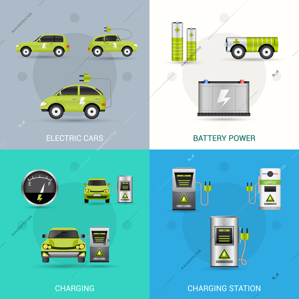 Electric car design concept set with battery power charging station flat icons isolated vector illustration