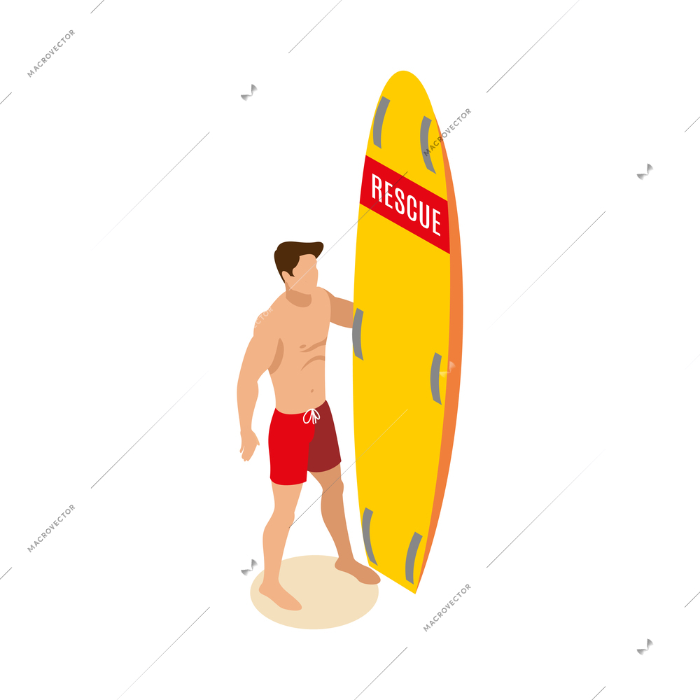 Beach lifeguards isometric composition with isolated human character in swimming trunks on sand vector illustration