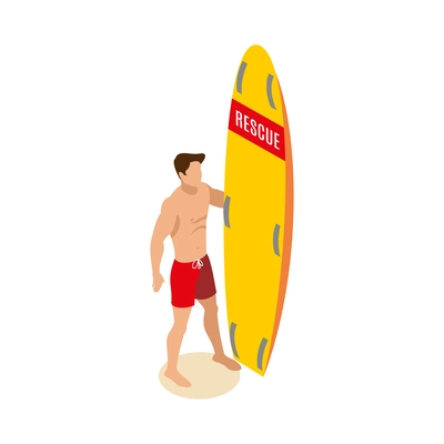 Beach lifeguards isometric composition with isolated human character in swimming trunks on sand vector illustration