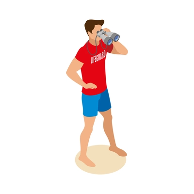 Beach lifeguards isometric composition with isolated human character in swimming trunks on sand vector illustration