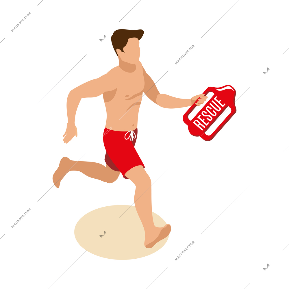 Beach lifeguards isometric composition with isolated human character in swimming trunks on sand vector illustration