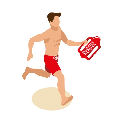 Beach lifeguards isometric composition with isolated human character in swimming trunks on sand vector illustration