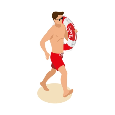 Beach lifeguards isometric composition with isolated human character in swimming trunks on sand vector illustration