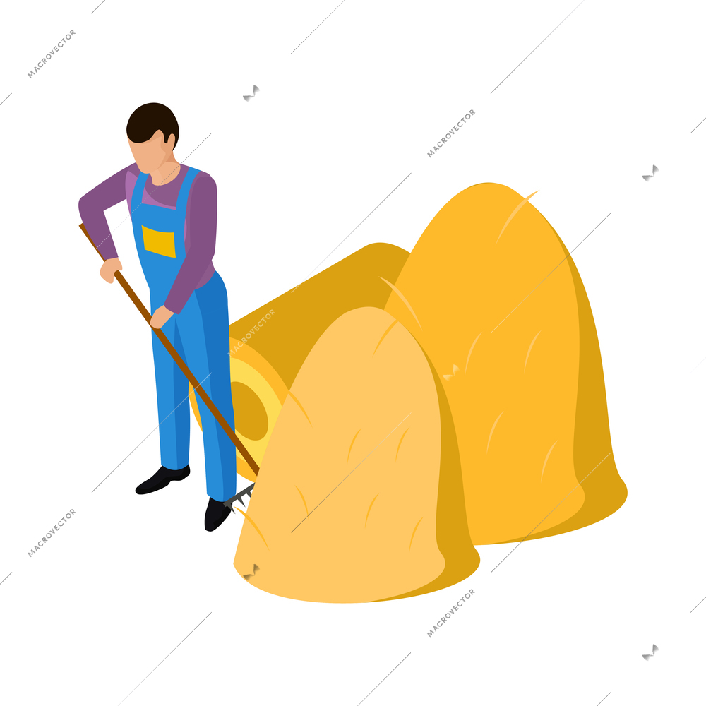 Ordinary farmers life isometric composition with human character of farmer working in uniform vector illustration