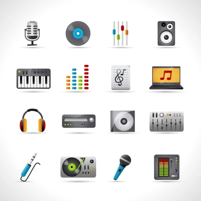 Dj icons set with microphone vinyl disk mixer loudspeaker isolated vector illustration