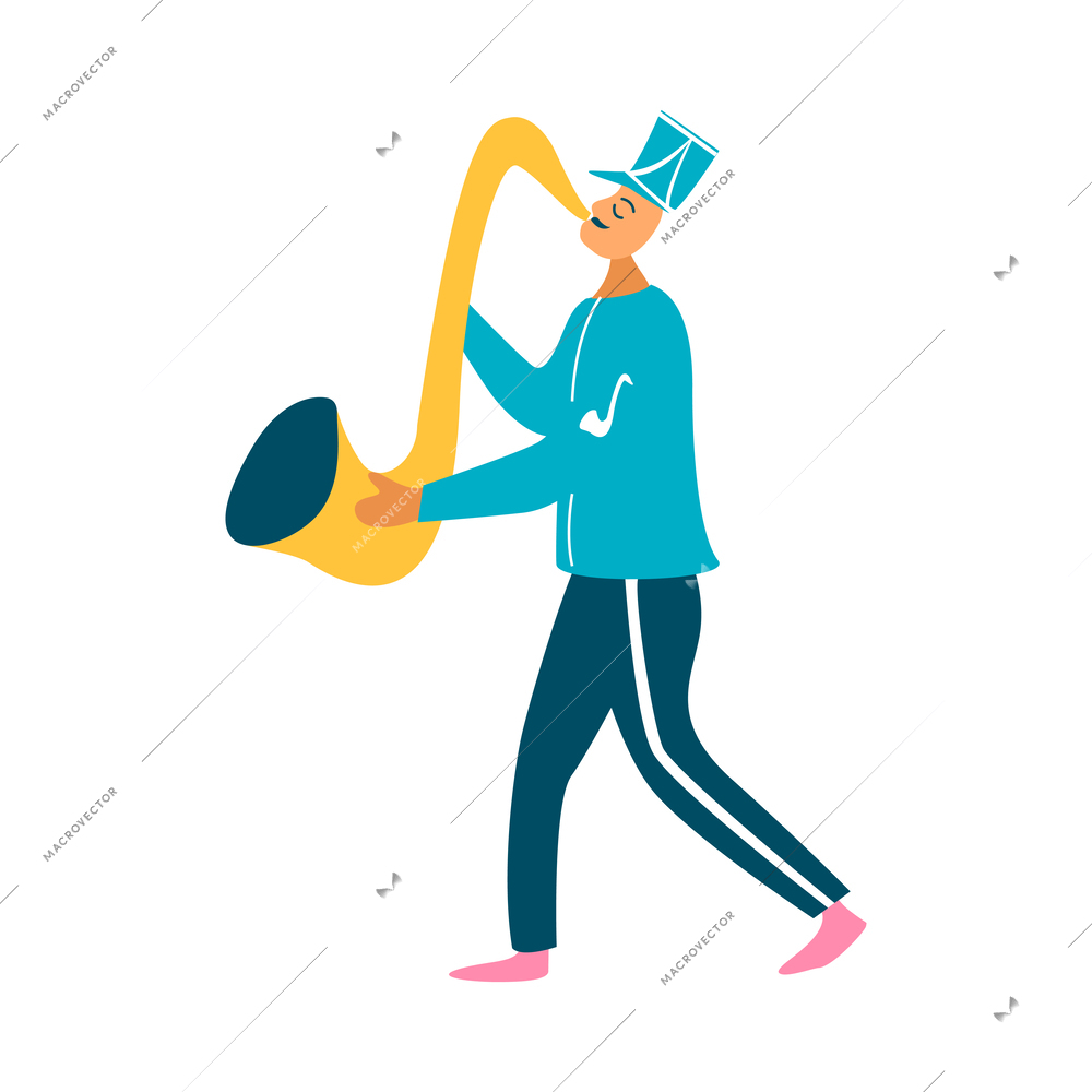 Parade people flat composition with isolated doodle style human character of musician in festive costume vector illustration