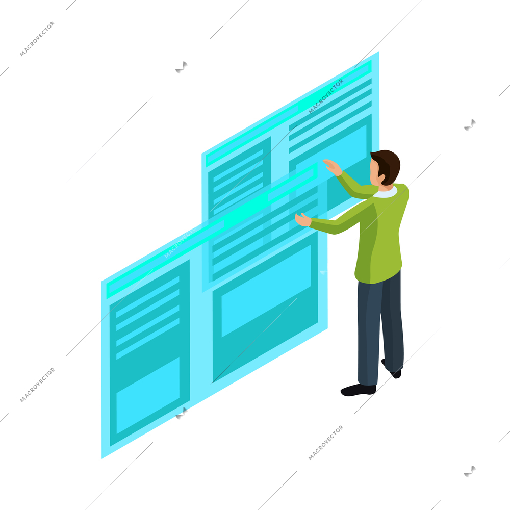 People and interfaces isometric composition with smart electronics icons and human character vector illustration