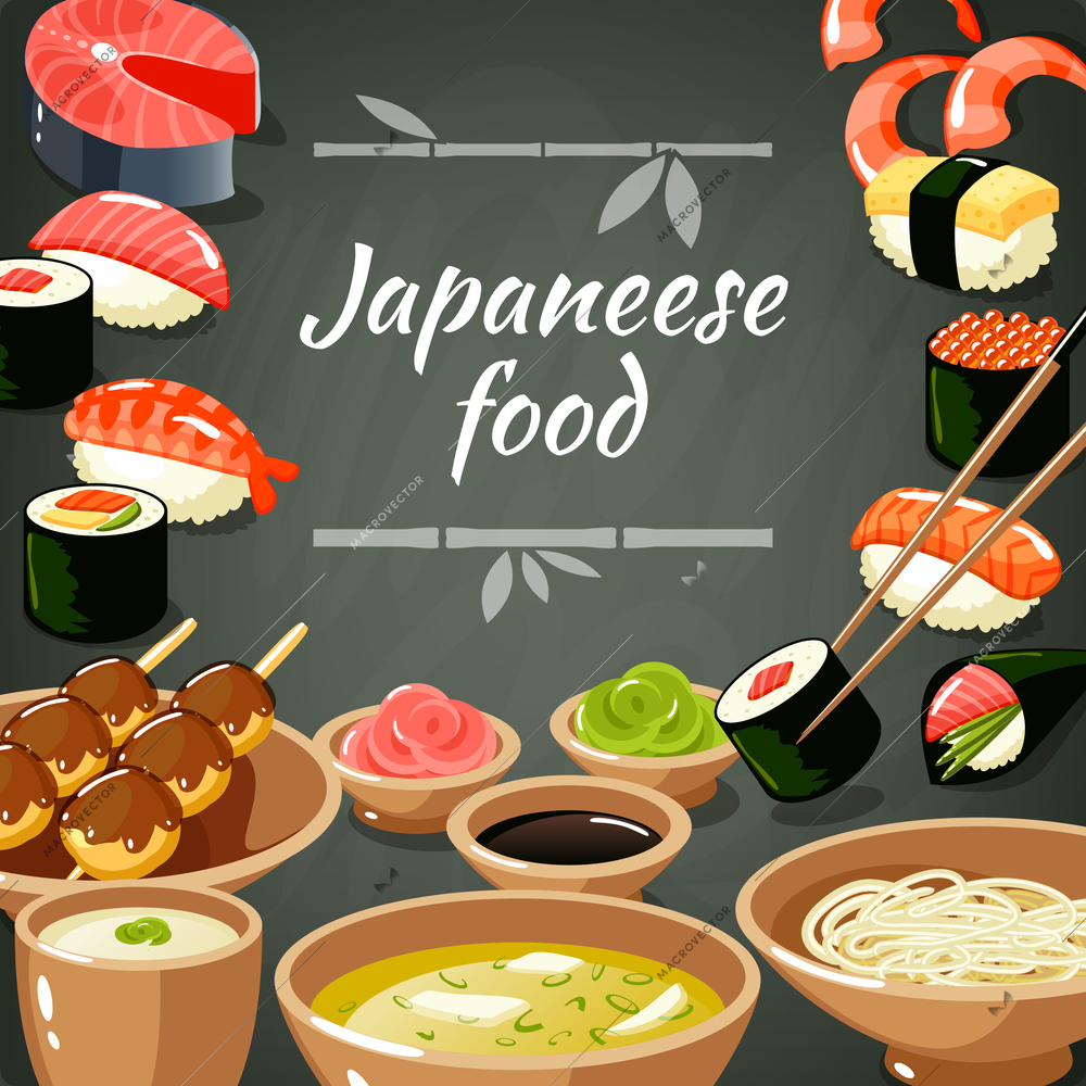 Japanese food poster with sushi rolls sashimi noodle and rice vector illustration