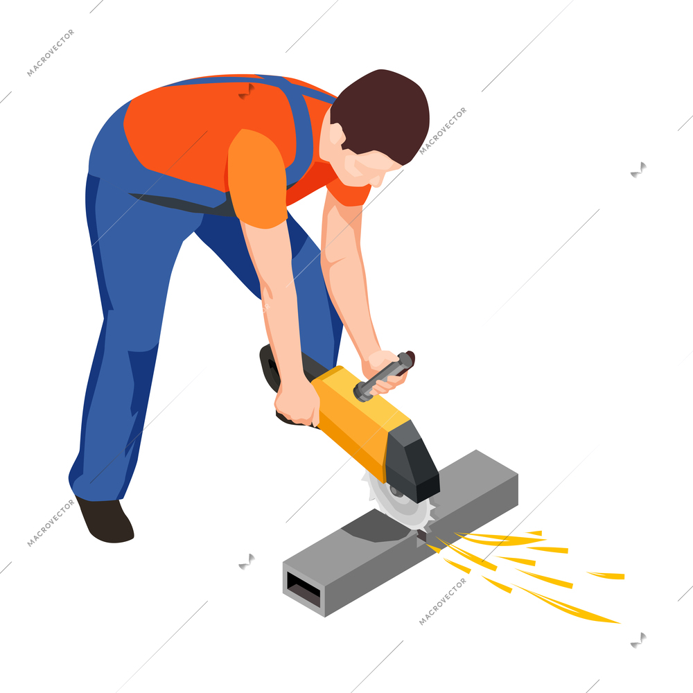 Construction workers isometric composition with human character in uniform with tools vector illustration