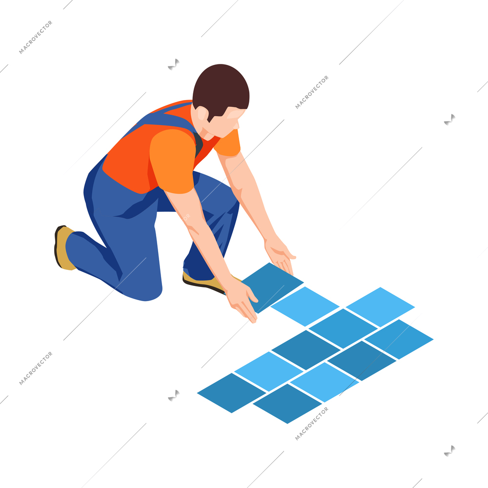 Construction workers isometric composition with human character in uniform with tools vector illustration