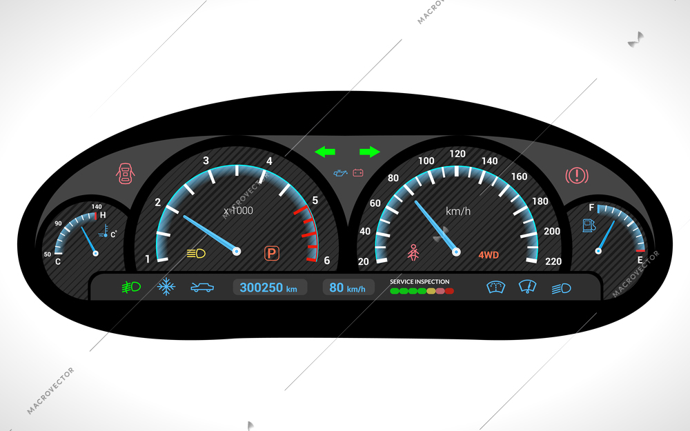 Car dashboard auto speedometer panel isolated on white background vector illustration