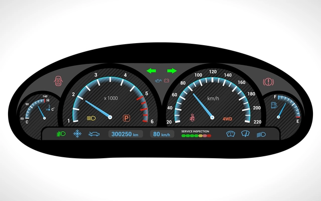 Car dashboard auto speedometer panel isolated on white background vector illustration