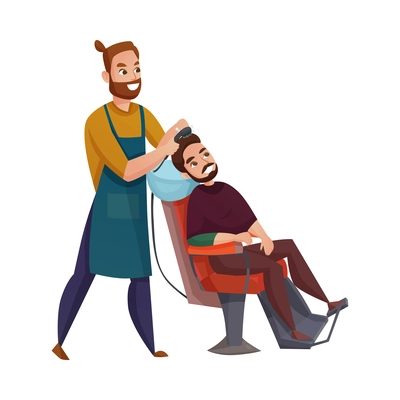 Barbershop cartoon composition with doodle human characters of barber and client on blank background vector illustration