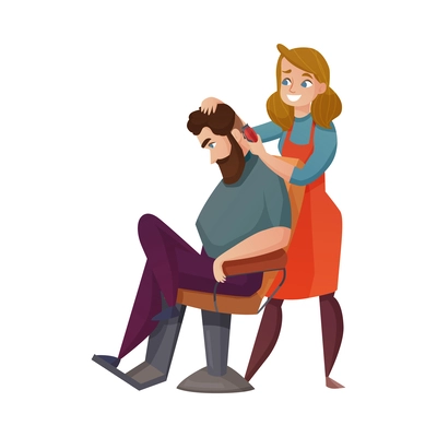 Barbershop cartoon composition with doodle human characters of barber and client on blank background vector illustration