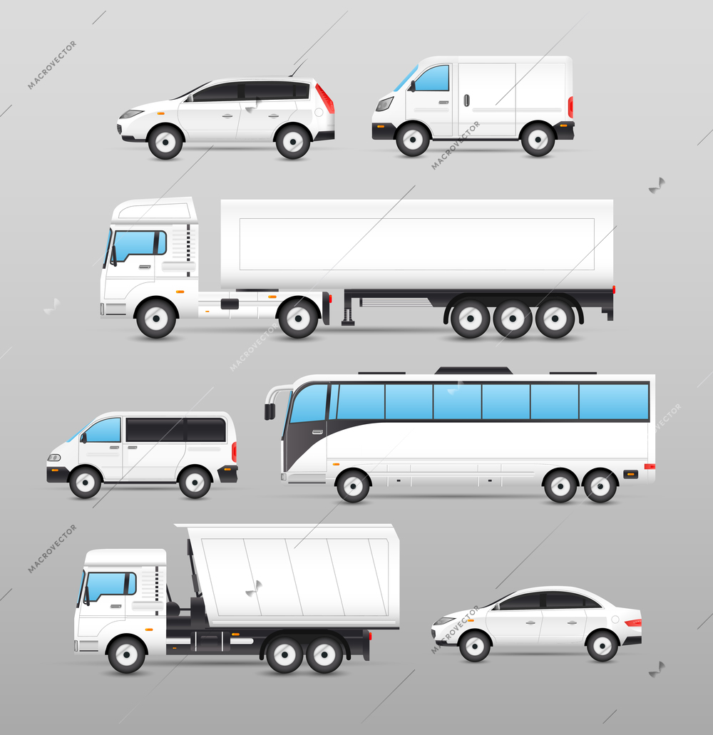 Realistic transport icons set with car van bus truck isolated vector illustration