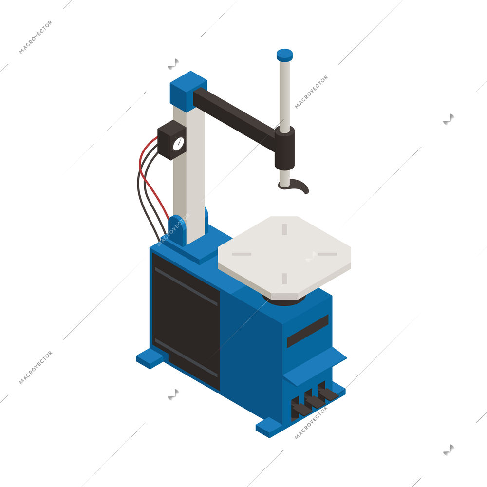 Tire production service isometric composition with isolated machinery image on blank background vector illustration