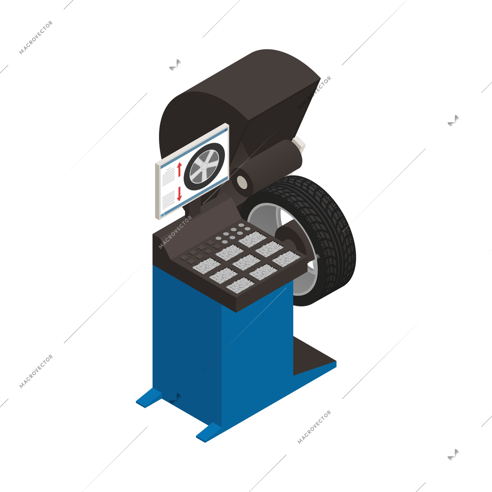 Tire production service isometric composition with isolated machinery image on blank background vector illustration