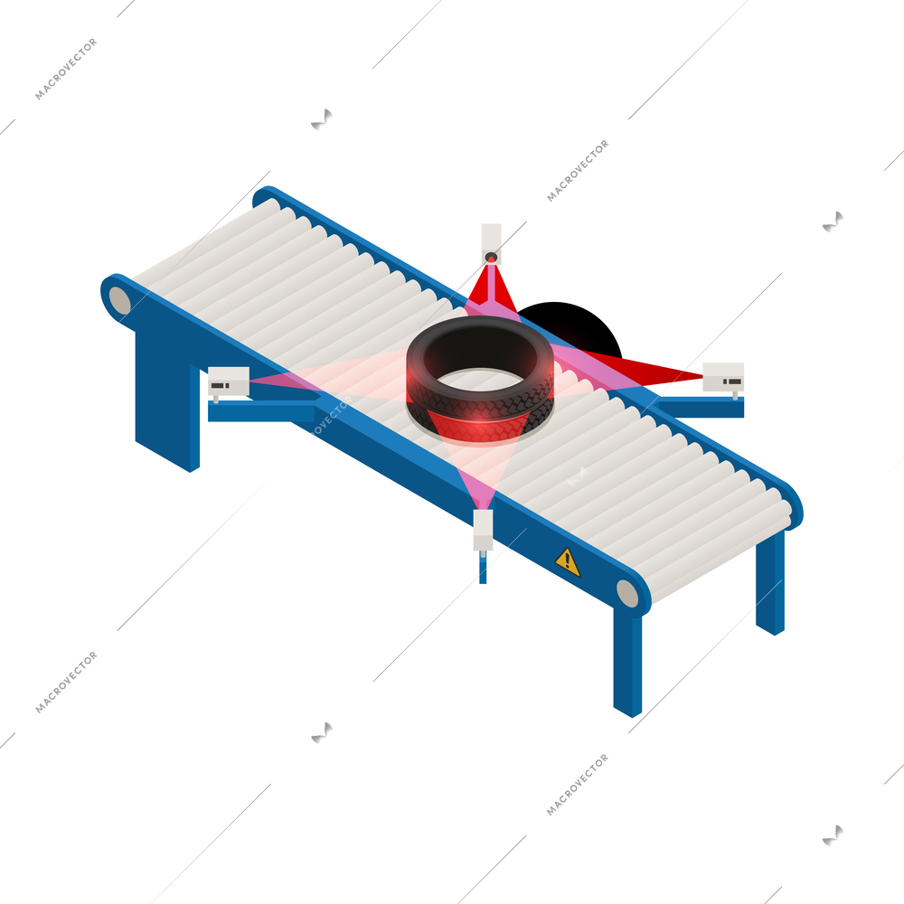 Tire production service isometric composition with isolated machinery image on blank background vector illustration