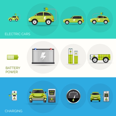 Electric car horizontal banners set with battery charging power elements isolated vector illustration