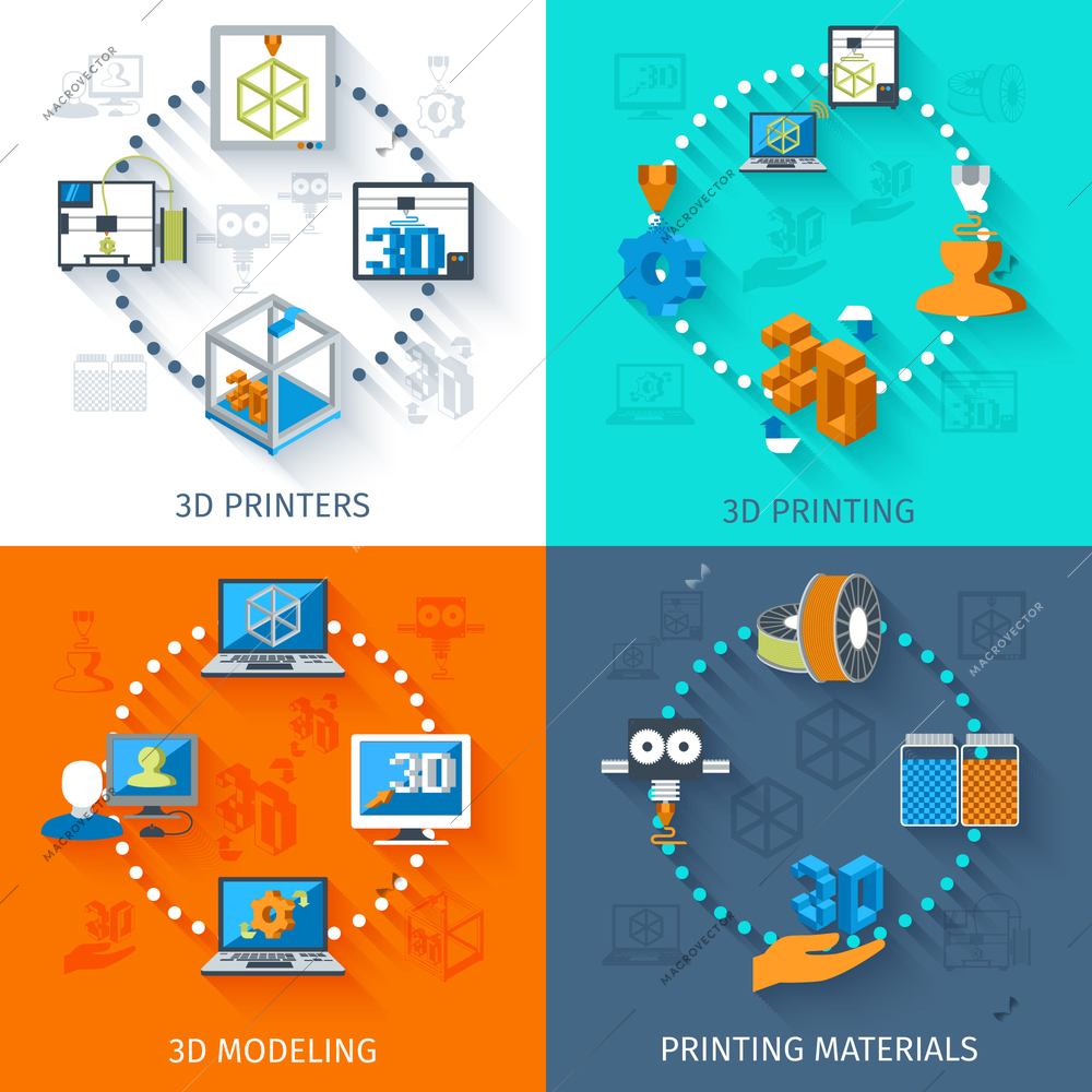 Printer 3d design concept set with printing materials icons isolated vector illustration