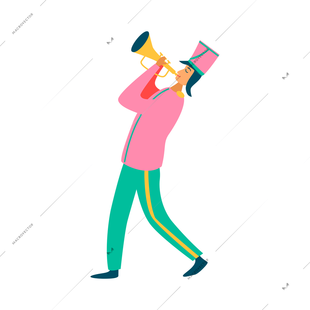 Parade people flat composition with isolated doodle style human character of musician in festive costume vector illustration