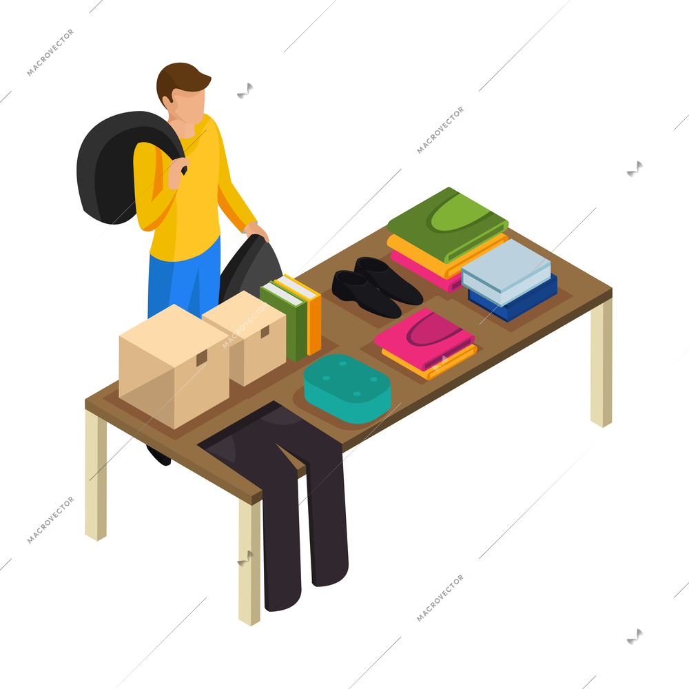 Sharing economy isometric composition of human character with personal items on blank background vector illustration