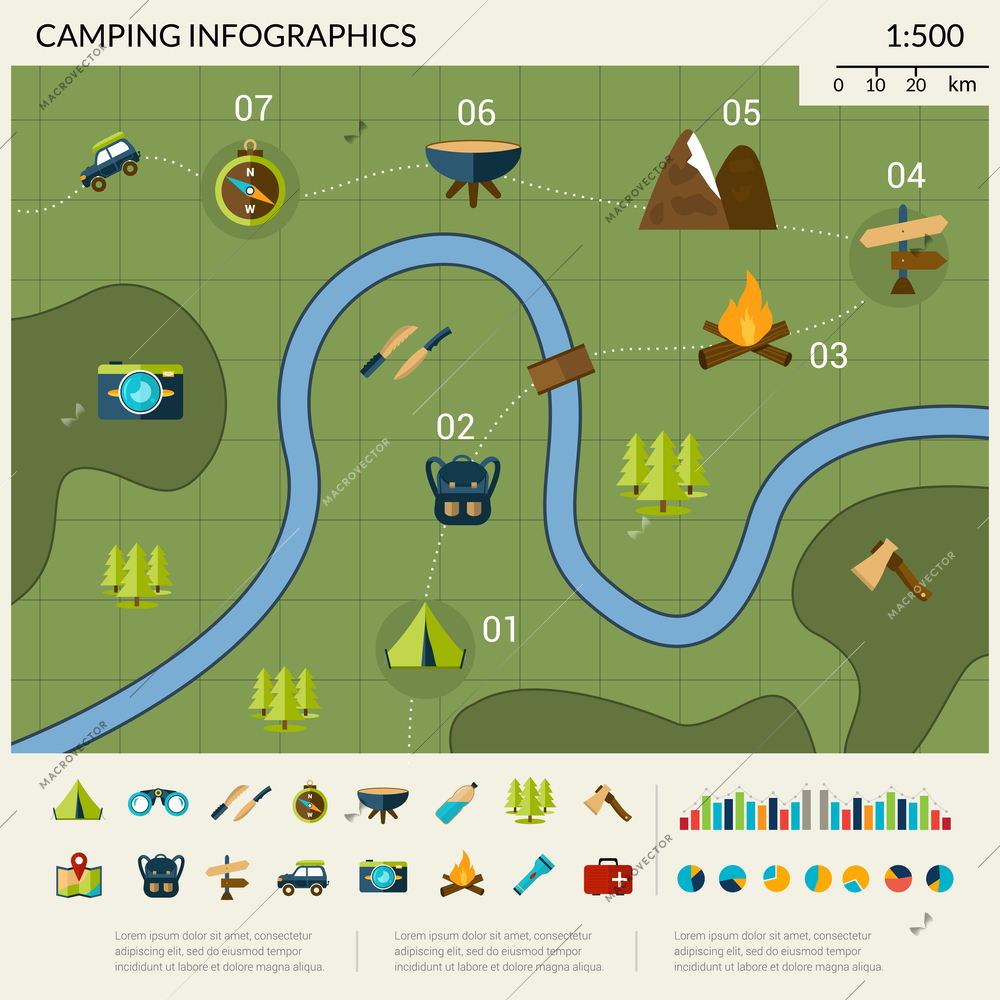 Camping infographics set with hiking tourism and adventure travel symbols vector illustration