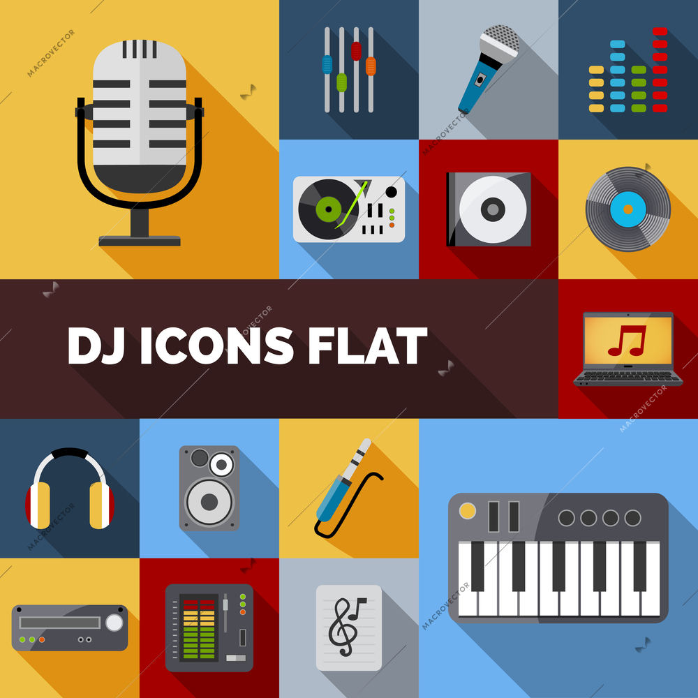Dj audio music equipment decorative icons flat set isolated vector illustration