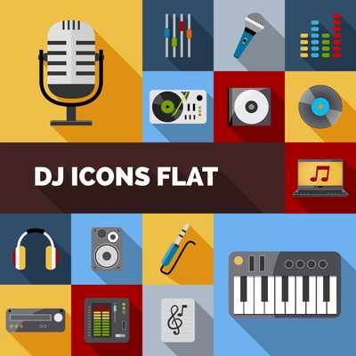 Dj audio music equipment decorative icons flat set isolated vector illustration