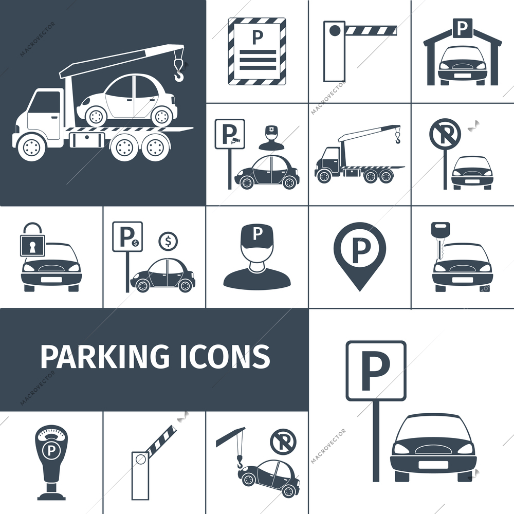 Parking lot facilities black decorative icons set isolated vector illustration
