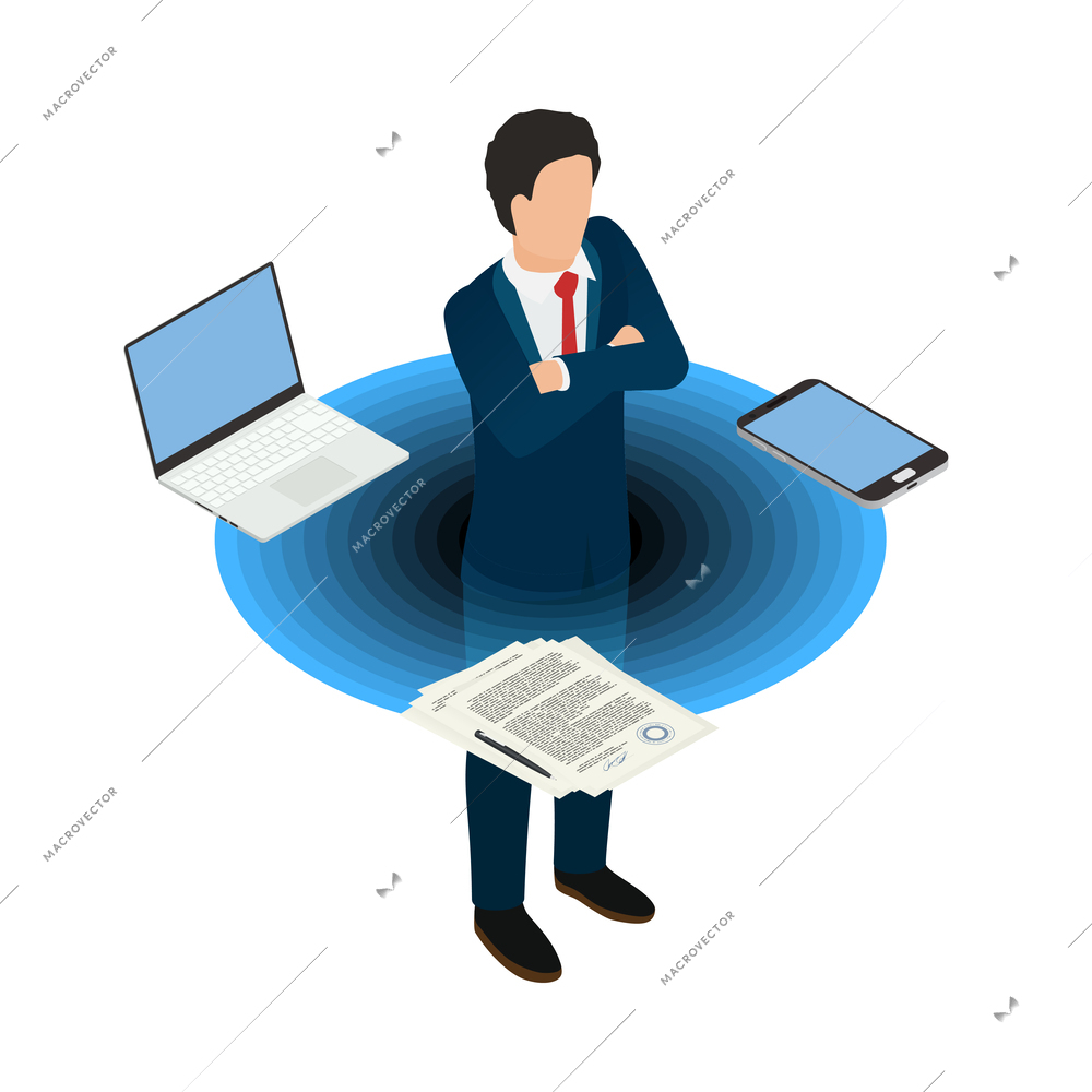 Entrepreneur concept isometric composition with faceless human character and business icons vector illustration