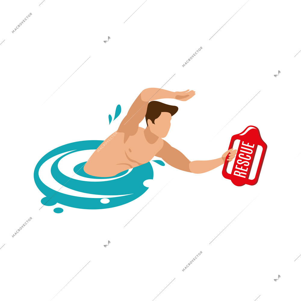 Beach lifeguards isometric composition with isolated human character in swimming trunks on sand vector illustration