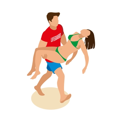 Beach lifeguards isometric composition with isolated human character in swimming trunks on sand vector illustration