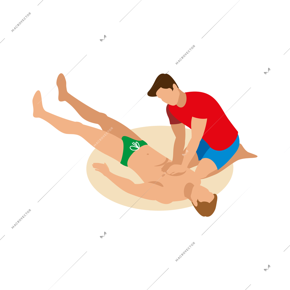 Beach lifeguards isometric composition with isolated human character in swimming trunks on sand vector illustration