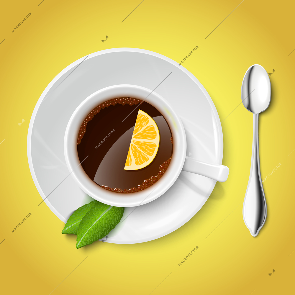 Top view on realistic white cup filled with black tea lemon and mint vector illustration