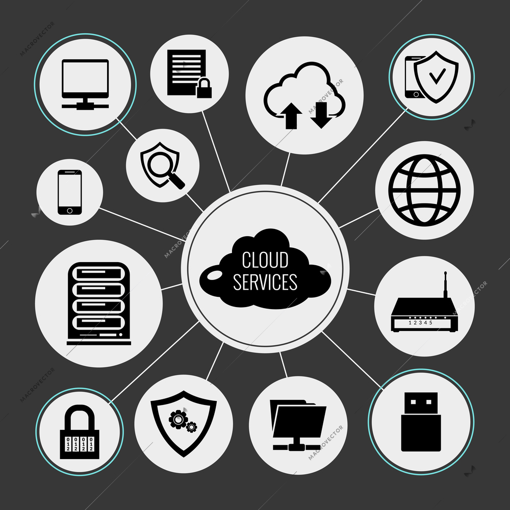 Cloud services concept with data network technologies symbols vector illustration