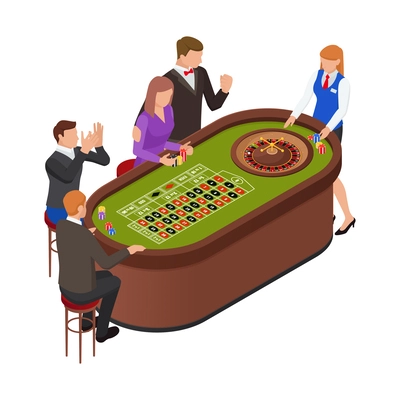 Isometric casino composition with isolated human characters of gambling players on blank background vector illustration