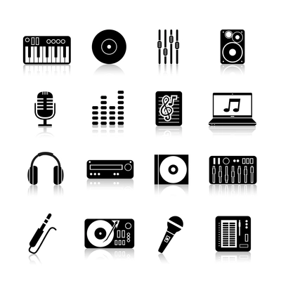 Dj equipment icons black set with keyboard vinyl mixer loudspeaker isolated vector illustration