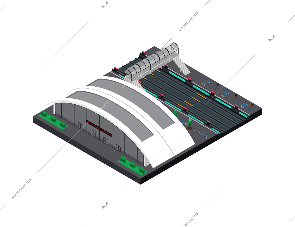 Railway train station isometric composition with view of terminal building and surrounding area vector illustration